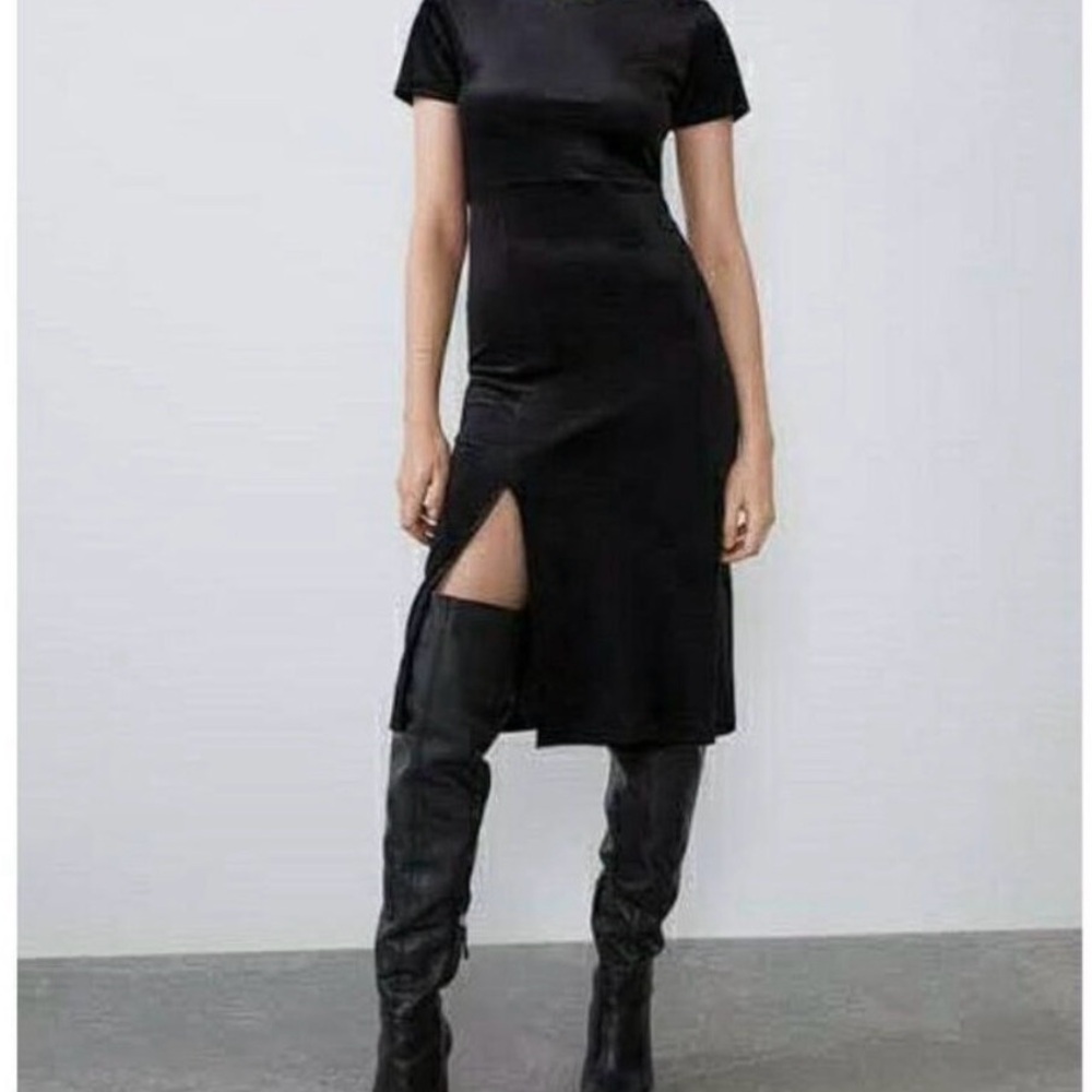 Zara Black Short Sleeve Midi Dress with Side Slit